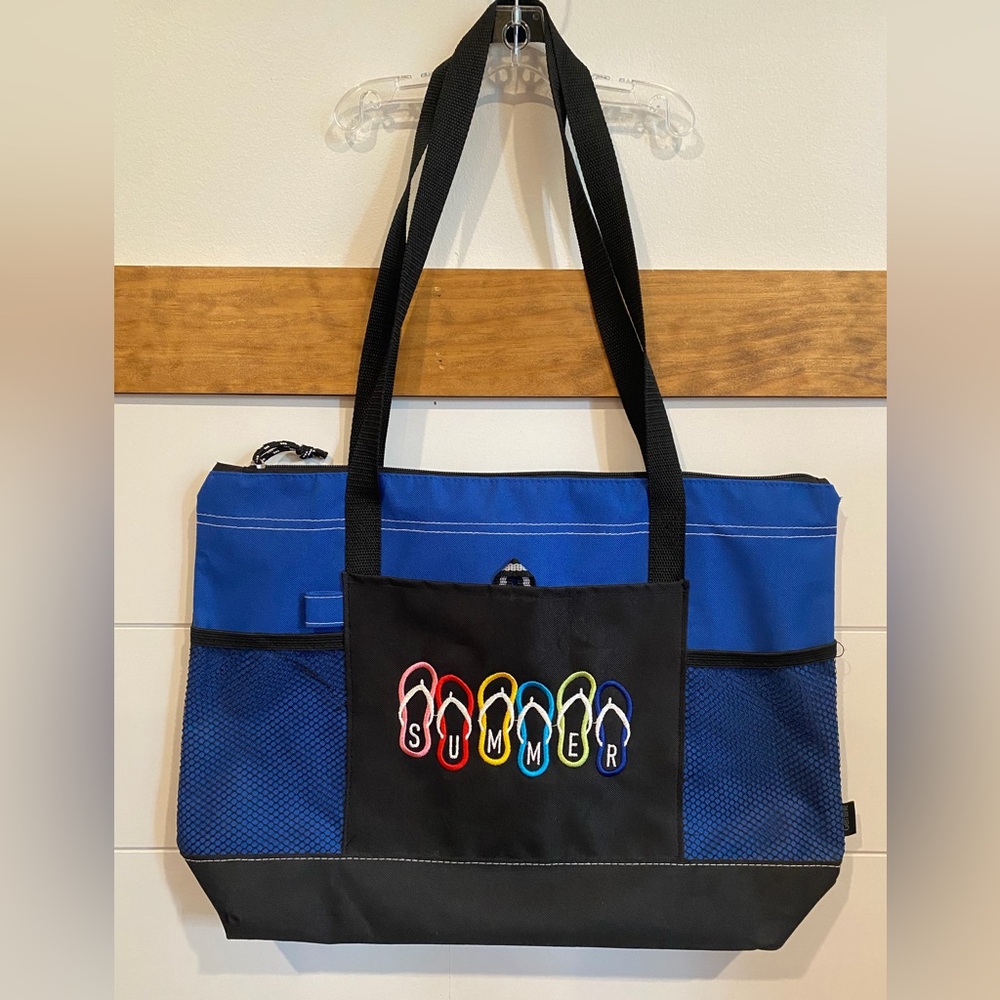 Custom Embroidered- Vibrant Summer Flip Flop Beach/Pool Bag - Blue and Black